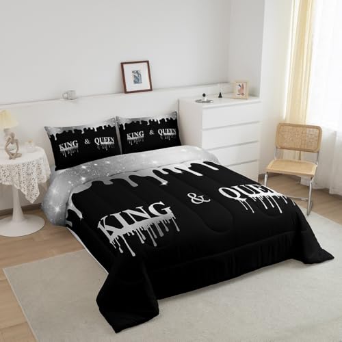 Image of Feelyou Silver Black Mr Mrs Bedding Set Queen King Queen for Couple Man Woman Comforter His and Hers Comforter Set Romantic Duvet Set with 2 Pillow Case