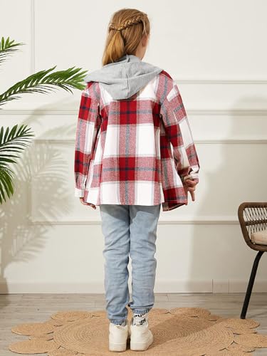 Image of Girls Cute Flannel Plaid Button Down Top with Pockets Long Sleeve Hooded Jacket