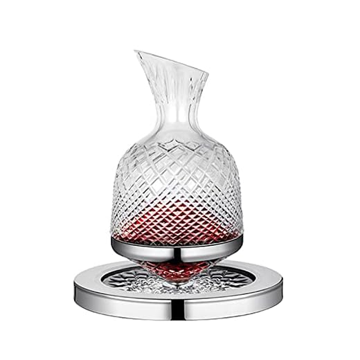 Decantador giratório de uísque com base de aço inoxidável - Garrafa de vidro de cristal para vinho tinto Jarro de vodka de uísque - para presente, casa, bar, decoração de festa, 1,2 L/1,1 g