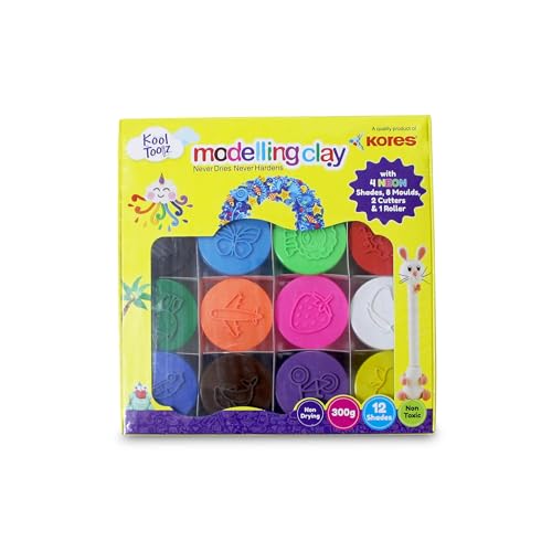 Image of Kores Kool Toolz Modelling Clay - 300g Pack | 12 Vibrant Shades Including 4 Neon Colors | 8 Moulds, 1 Roller & 2 Cutters | Ideal for Kids Aged 3+ | Perfect for Crafting & Return Gifts