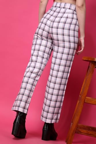 Image of POPWINGS Casual Check Print Button and Zip Closure Trouser for Women | Western Wide-Leg Trouser for Women | Summer Trousers for Women | Comfortable Semi-Formal Work Trouser for Women