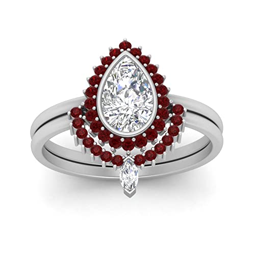 Image of 55Carat Choose Your Gemstone Bezel Pear Shape Halo CZ Diamond CZ Ring Sterling Silver Pear Shape Wedding Ring Sets Ornaments Surprise for Wife Symbol of Love Clarity Comfortable US Size 4 to 12
