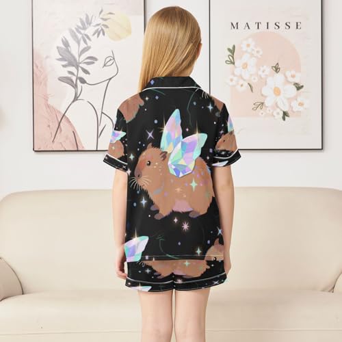 Satin Pajama Sets Short Sleeve Magical Guinea Pig with Wings Button Down Silky Nightwear 2 Piece PJS 5-14Y4