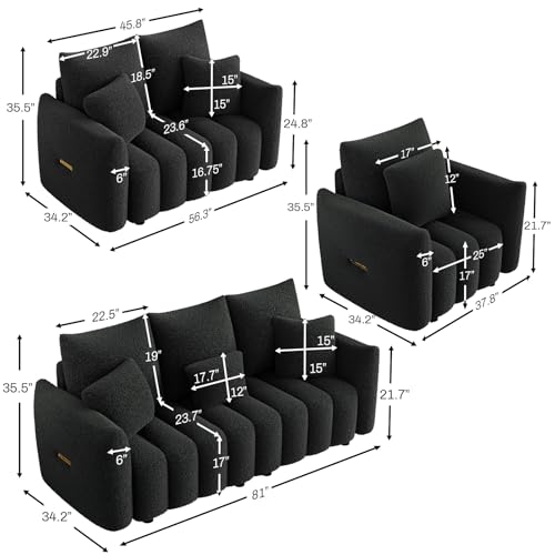 Image of OUYESSIR 3 Pieces Boucle Sofa for Living Room, Modern Deep Seat Sofa Chair & Loveseat & 3-Seater Couch, Oversized Cloud Sofa Couch Set, Comfy Upholstered Teddy Living Room Furniture, Black