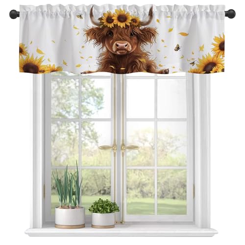 Image of Eflxamz Curtain Valances,Cute Highland Cow and Sunflowers Semi Sheer Kitchen Windows Valances, Rod Pocket Short Window Treatment Light Filtering Decor Valances for Kitchen Bedroom Windows - 54"x18"