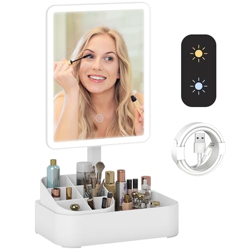HOMCOM Espejo Maquillaje con Luz LED, Espejo Tocador Recargable con 2 Modos de Iluminación, Rotación de 180°, Brillo Ajustable, Compartimentos, Interruptor Táctil, para Cuidado de Piel, Blanco
