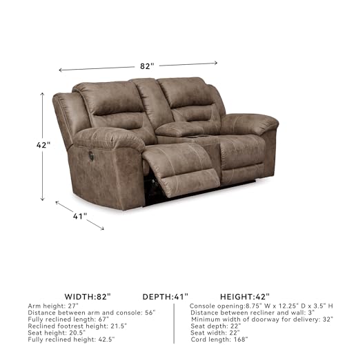 Image of Signature Design by Ashley Stoneland Faux Leather Power Double Reclining Loveseat with Center Console, Light Brown