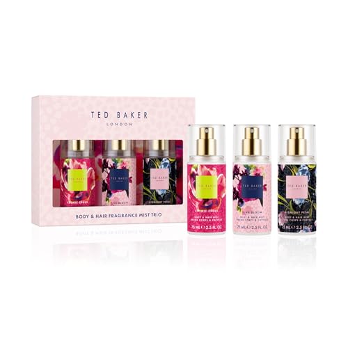 Ted Baker Fusion Mini Body & Hair Fragrance Mist Trio Gift Set for Women Cosmic Crush Midnight Petal & Pink Bloom Perfume Body Mist Set. Vegan Pro Vitamin B5 Travel Size Set 3 x 75ml