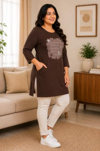 Image of RYSH Women's Plus Size Printed Nightshirt | Round Neck | 3 /4 Sleeve | Relaxed Fit Long Nightwear Top |