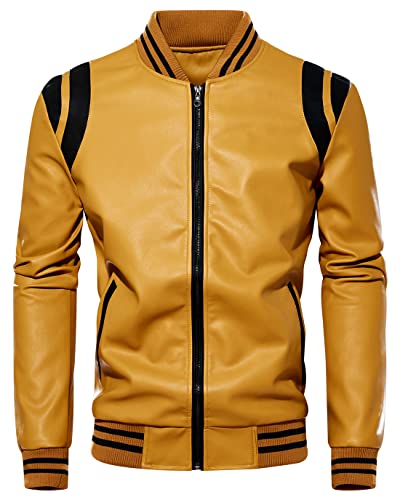 Image of chouyatou Men's Casual Color-Block Patches Full Zip Fleece Lined Pu Leather Varsity Bomber Jacket
