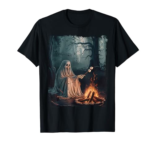 Vintage Ghost Grilling Marshmallow Forest Halloween Gothic Maglietta