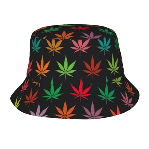 Yyoretp Sombreros de pescador con estampado de hojas de cannabis coloridas, sombrero de pescador, plegable, protección solar para viajes, camping, color negro, Negro, Talla única