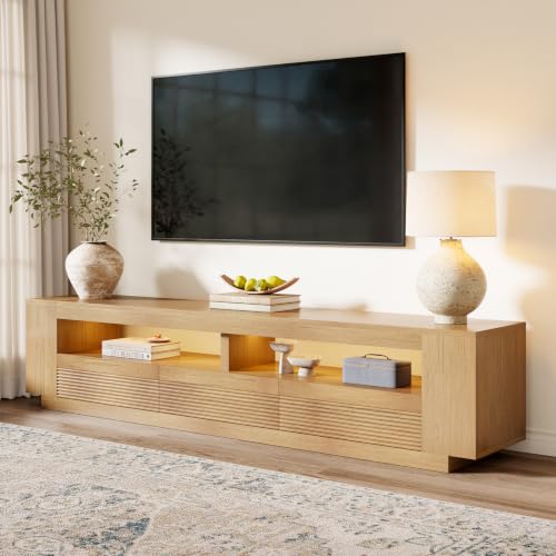 Epecoya 86-in Fluted TV Stand for Living Room with LED Lights, Light Oak