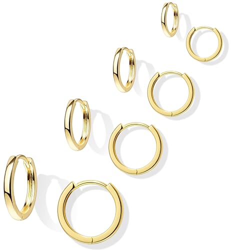 Poxtex Juego de aretes de aro de oro para mujer, hipoalergénicos, chapados en oro real de 14 quilates, para cartílago de múltiples perforaciones, joyería ligera, Cobre, Circón