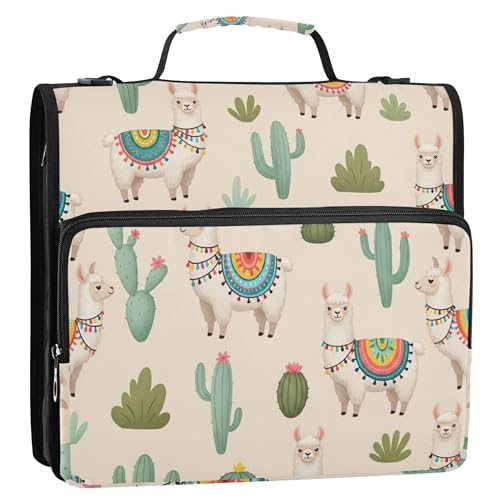 かわいいアルパカ漫画 1 1/2インチ 3リングバインダー Dリング ジッパー式バインダーオーガナイザー 中学校バインダーバッグ ストラップ付き ピンクストレージポートフォリオケース ハンドル付き