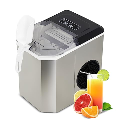 Angel Canada Countertop Ice Maker, Portable Stainless Steel Machine with Scoop Holder, Self-Cleaning, 26Lbs in 24Hrs, 9 Cubes in 6 Mins, 2 Sizes of Bullet Ice Cubes for Home Office Camping Boating RV