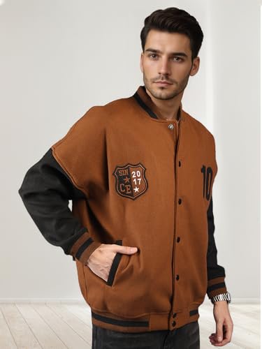 Image of CHKOKKO Men's Oversized Varsity Jacket with Snap Button Closure and Patch Design Trendy Comfortable Outerwear for College Travel and Casual Wear