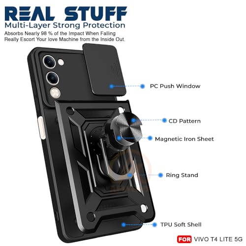 Image of Armor Bumper Back Cover Case for Vivo T4 Lite /iQOO Z10 Lite 5G Rotating Camera Cover, Ring Holder & Kickstand | Heavy Duty & 360 Degree Protection Back Cover (Black)