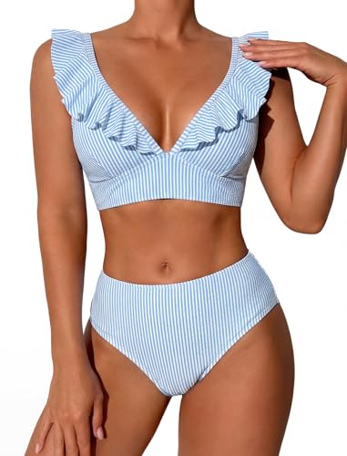 ZAFUL Women's Ruffle Bikini Sets High Waisted Striped V...