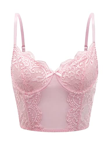 Floerns Women's Contrast Lace Spaghetti Strap Camisole Solid Crop Cami Top Pink S #TOP28