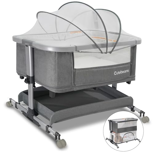 Image of cutebeams 4 in 1 Portable Adjustable Rocking Baby Bassinet with Playpen | Easy Folding Bedside Bassinet, 5 Adjustable Heights, Luxury Mattress and Mosquito Net, Large Storage Basket, Lockable Wheel