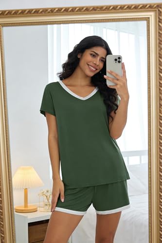 Image of Joyaria Cooling Pajamas Bamboo Viscose Women Short Sleeve V Neck PJ Shorts Set