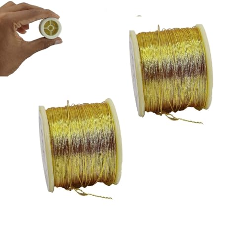 Image of Zari Metallic Threads 0.1 MM (2 Rolls) Gold Color for Aari Work Garment Embroidery Sewing Needlework Crafts
