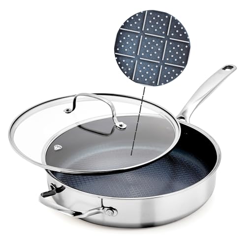 Image of Blue Diamond Hybrid Nonstick Stainless Steel 4QT Saute Pan with Glass Lid, PFAS-Free Ceramic Diamond Bond, Deep Jumbo Skillet, Induction Ready, Dishwasher & Metal Utensil Safe, Stay-Cool Handle
