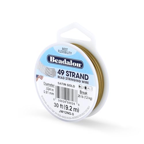 Beadalon 49 Strand Stainless Steel Bead Stringing Wire .024 in / 0.61 mm Satin Gold 30 ft / 9.2 m