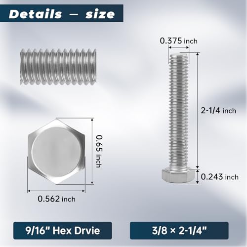 Image of 6 Sets Glvaner 3 /8-16 x 2-1 /4 inch Stainless Steel Hex Head Screws Bolts, Nuts, Flat & Lock Washers, 18-8 (304) Stainless Steel, Full Thread, Coarse Thread