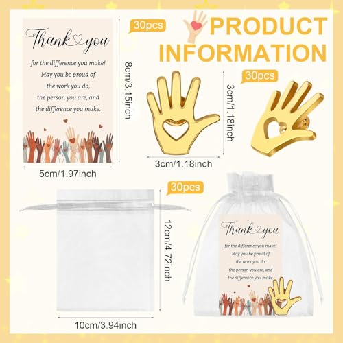 30 Set Volunteer Appreciation Gifts Bulk-30 Volunteer Awards Gold Hands Lapel Pin,30 Thank You Cards,30 Organza Bags You Make A Difference Favors for Employee Social Worker Teacher Staff Charity2