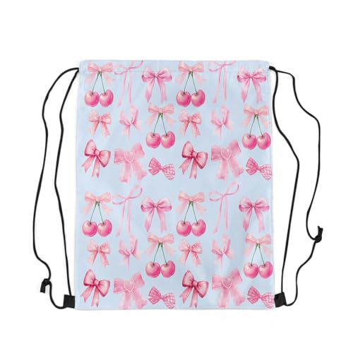 jejeloiu Blue Bow Drawstring Backpack 13x15.7inch,Cute Bowknot Waterproof Gym Drawstring Bags Kawaii cherry Fruit Sports2