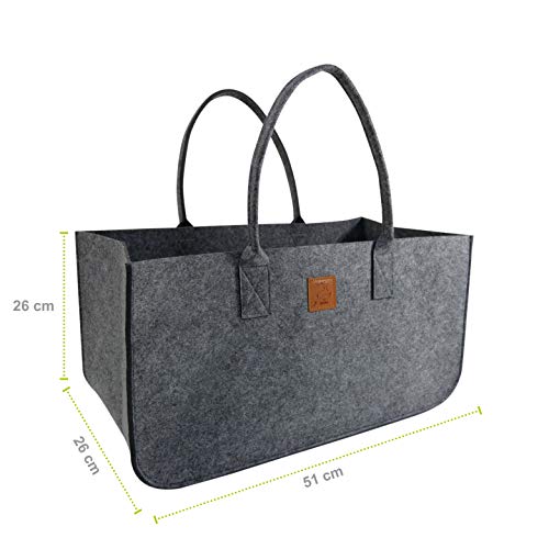 KHI Filzkorb, XL Einkaufstasche, 51 x 26 x 26 cm, Shopper Bag, Filztasche, Gross, grau, Kaminholzkorb, Spielzeugkorb, Spielzeugtasche, Brennholztasche, Aufbewahrung von Kaminholz
