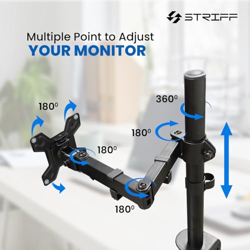 Image of STRIFF 180 Adjustable Single Monitor Stand Arm Desk Mount | Ergonomic Gas Spring VESA Bracket (75x75mm & 100x100mm) for 13 inch-32 inch Screens