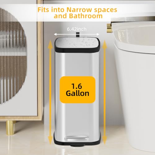 Image of KdbK Stainless Steel Bathroom Trash Can with Lid Soft Close,1.6 Gallon Slim Garbage can,Small Metal Step Wastebasket for Office, Bedroom, Toilet, Live Room