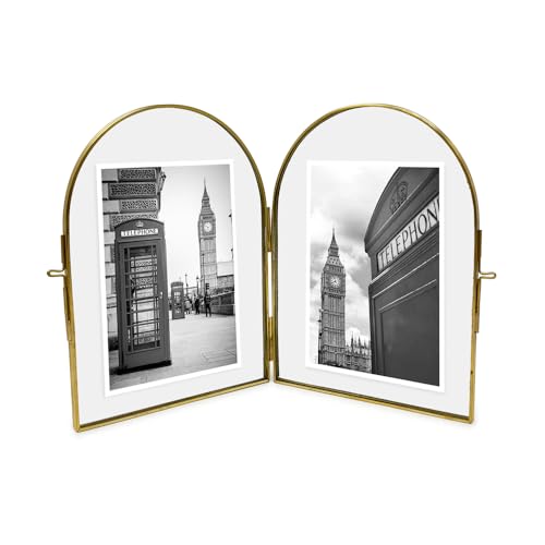Image of Isaac Jacobs 5x7 Vintage Style, Double-Sided Arched Brass & Glass Metal Floating Picture Frame with Locket Closure (Vertical), Made for Tabletop Display (5x7 Vertical, Antique Gold)