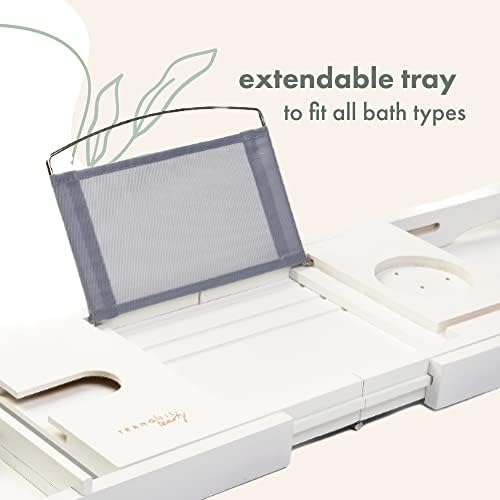 Tranquil Beauty Premium Bath Caddy | Natural Sustainable Bamboo Bath Tray | Bath Board With iPad, Tablet and Phone Stand | Extendable Wooden Tray Bath Rack | Adjustable Bath Tray With Wine Holder