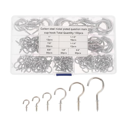 CIYODO 150 Unidades Ganchos de Tornillo Forma de Pregunta Ganchos de Techo para Colgar Kit de Alcayatas con Caja de Almacenamiento para Hogar y Cocina