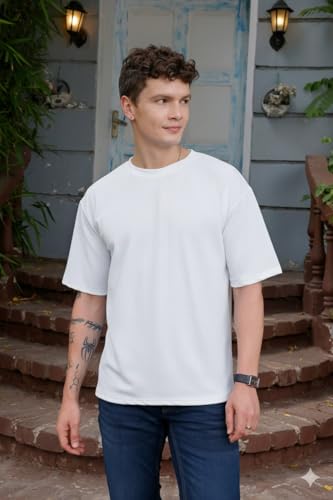 Image of Zilcon Mens Solid Unique Design Tshirt for Men - Round Neck Loose Fit Drop Shoulder Polo Mens T-Shirt