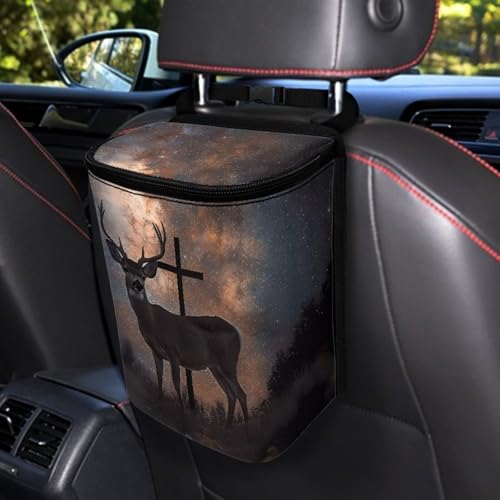 Image of Talayituse Galaxy Deer Cross Print Car Trash Bin, Large Size Auto Trash Can Adjustable Portable Garbage Can with Lid, Vehicle Hanging Bag for Headrest Front Back Seat