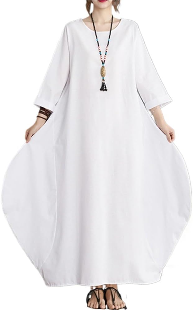 Plus Size Solid Color Cotton Linen Kaftan For Women Casual Round Neck 3/4 Sleeves Loose Big Swing Flowy Maxi Dress