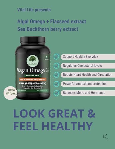 Image of VITAL LIFE Vegan Omega 3 Vegetarian Capsules, 60 Caps | 98% DHA & EPA, Sea Buckthorn Berry, Algal DHA & Flaxseed Extract, Heart, Brain, Joint & Skin Health