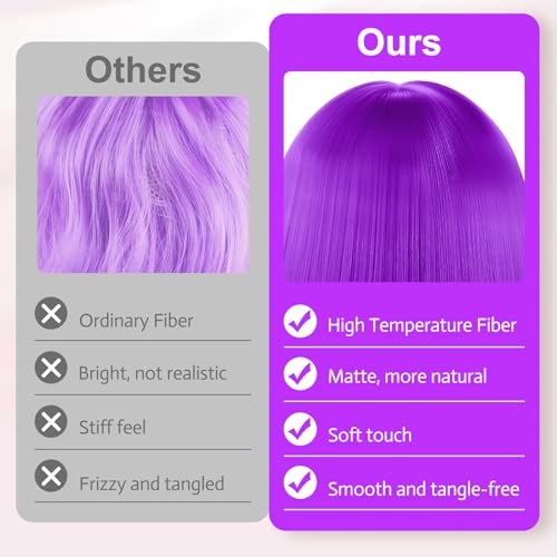 Image of MEEZY 1Pcs Purple Short Bob Wigs Straight Hair with Flat Bangs Heart Sunglasses for Women, Colorful Funny Cosplay Party Neon Wig Synthetic Natural As Real Carnival Halloween Costume