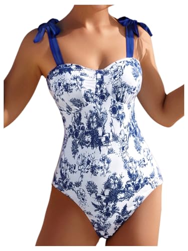 OYOANGLE Girl's Floral Print One Piece Swimsuit Bowknot Spaghetti Strap Holiday Padded Bathing Suits