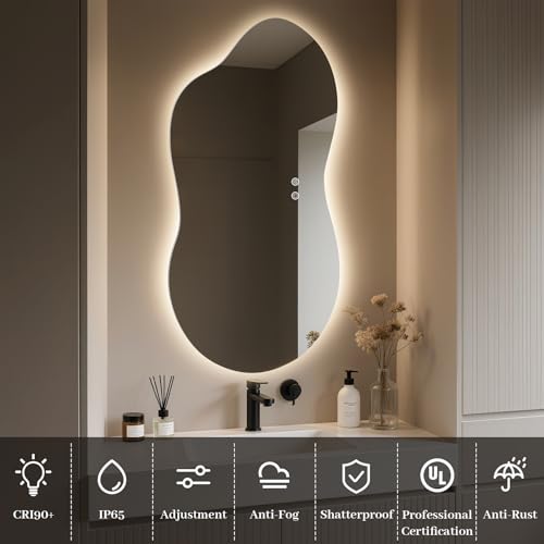 Image of WallBeyond 36 inchx20 inch Irregular LED Vanity Mirror with Backlight, Asymmetrical Bathroom Mirror with Lights for Makeup or Modern Sink Area, Anti-Fog & Dimmable, Horizontal /Vertical Mount