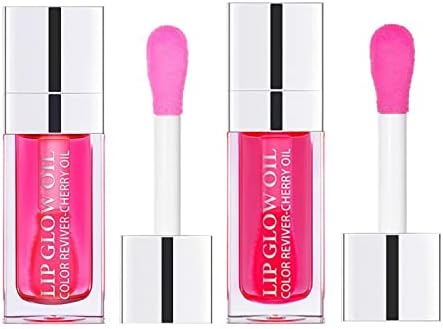 2PCS Hydrating Lip Oil, Plumping Lip Gloss Lip Mask Transparent Toot Tinted Lip Oil, Nourishing Lip Glow Oil Lip Care Non-sticky Big Brush Head Glitter Shine Primer Lip Tint Lacquer (007# Raspberry & 015# Cherry)