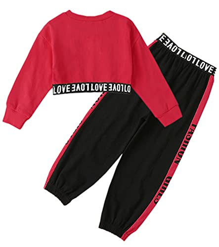 Image of Betusline Girls Clothes Size 4 5, 2 Piece Long Sleeve Crop Top + Sport Pants Sweatsuit Clothing Set, Red Black, 4-5 Years