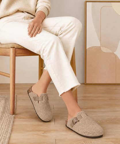 Image of KIDMI Women's Fur Lined Genuine Suede Clogs Fuzzy Cork Footbed Potato Shoes