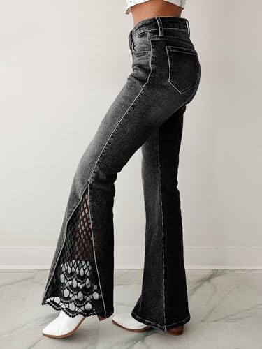 utcoco Women's Stretch Slim Fit High Waisted Bootcut Jeans Lace Hollow Out Bell Bottom Flare Jeans for Women2