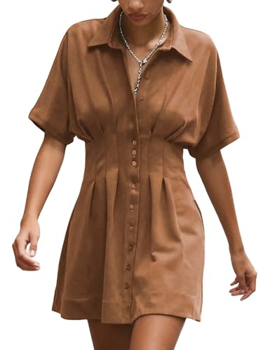 Freyhem Womens Casual Faux Suede Short Sleeve Shirt Dress Pleated Button Down Tapered Waist Mini Dress with Pockets(Brown-S)